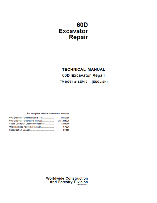 John Deere 60D Excavator Technical Manual TM10761 PDF