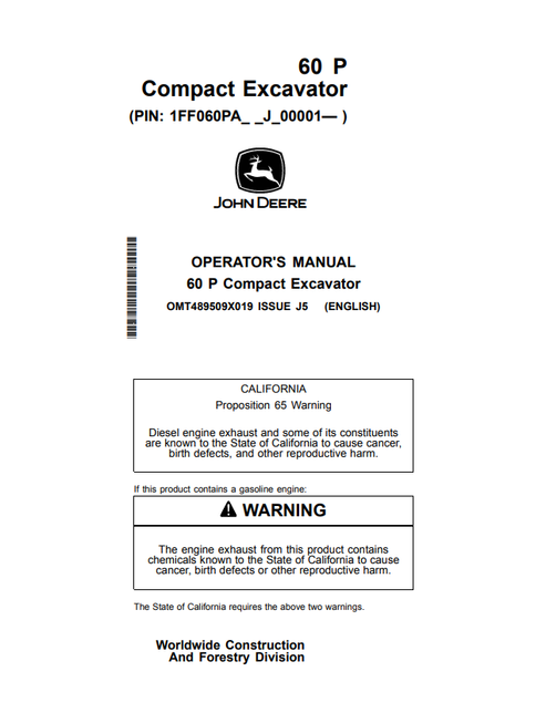 John Deere 60 P Compact Excavator Operator & Maintenance Manual
