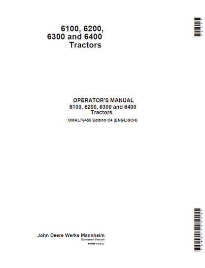 John Deere 6100 6200 6300 6400 Tractor Operator Manual OMAL76458