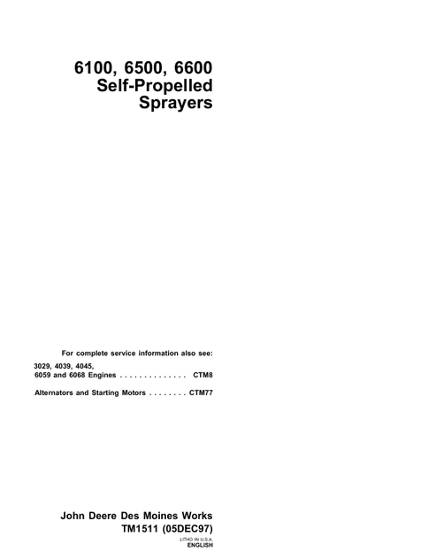 John Deere 6100 6500 6600 Self-Propelled Sprayer Manual TM1511