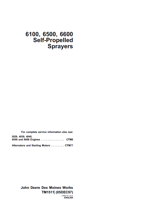 John Deere 6100 6500 6600 Self-Propelled Sprayer Manual TM1511