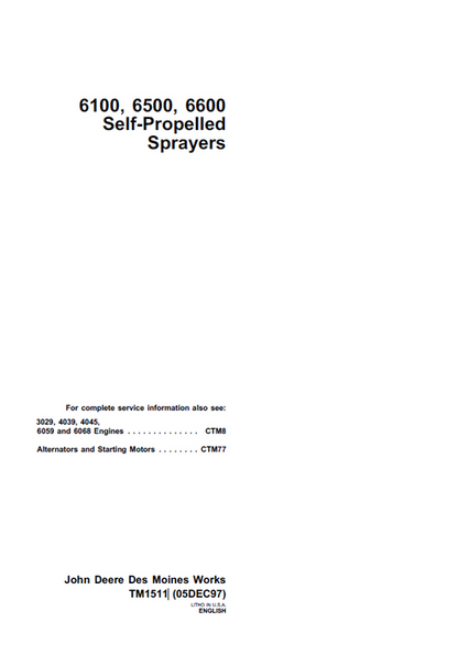 John Deere 6100 6500 6600 Self-Propelled Sprayer Manual TM1511
