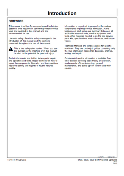 John Deere 6100–6600 Sprayer Service & Repair Technical Manual