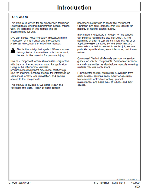 John Deere 6101 Diesel Engine Technical Component Manual CTM20 PDF