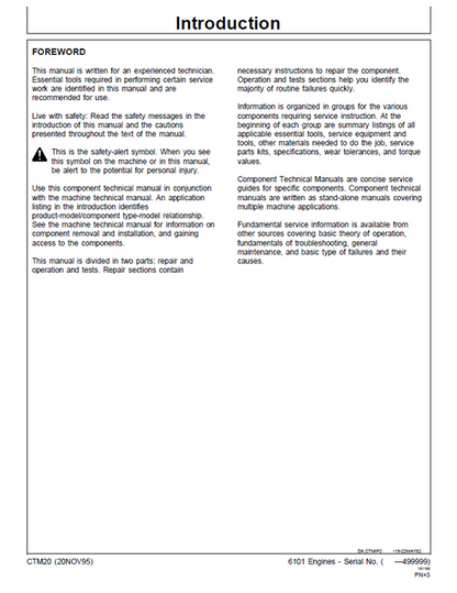John Deere 6101 Diesel Engine Technical Component Manual CTM20 PDF