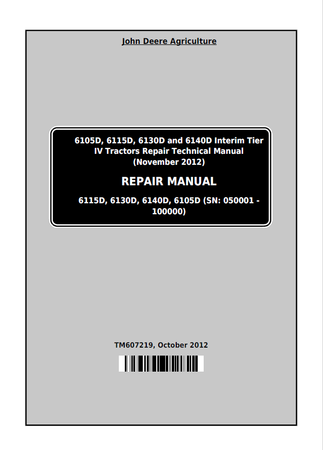 John Deere 6105D, 6115D, 6130D and 6140D Tractor Repair Manual TM607219 PDF