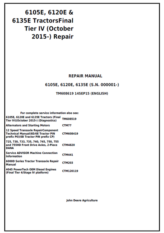 John Deere 6105E, 6120E, 6135E Tractors Tier IV Repair Manual TM608619 PDF