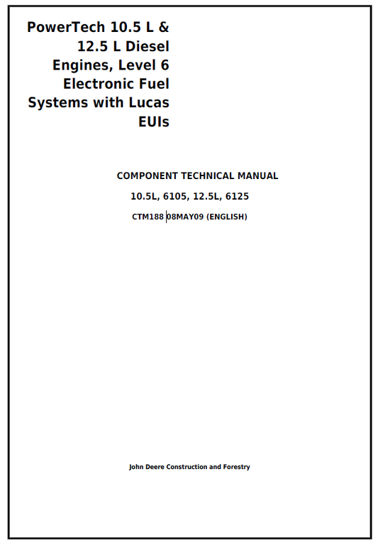 John Deere 6105, 6125 Diesel Engines Level 6 Electronic Fuel Systems with Lucas EUIs Component Technical Manual CTM188 PDF
