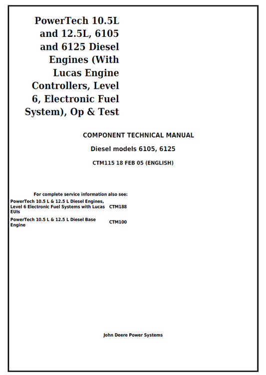 John Deere 6105, 6125 Diesel models Component Technical Manual CTM115 PDF