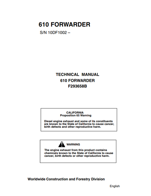 John Deere 610 Forwarder Operator Manual F293658B PDF