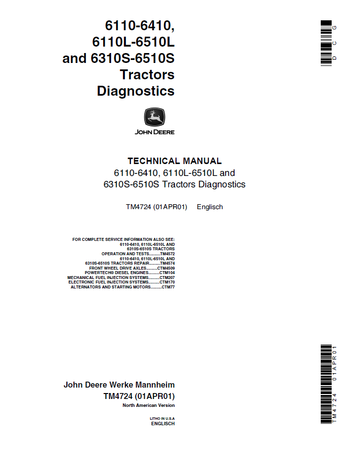 John Deere 6110-6410, 6110L-6510L and 6310S-6510S Tractor Technical Manual TM4724 PDF 
