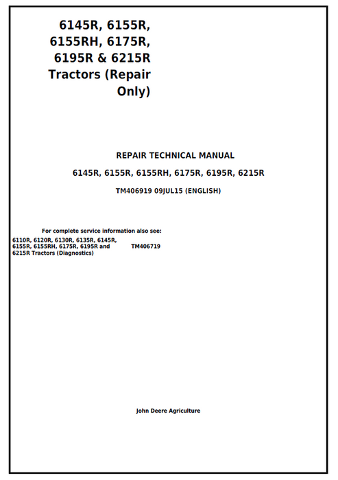 John Deere 6145R–6215R Tractor Repair Technical Manual TM406919