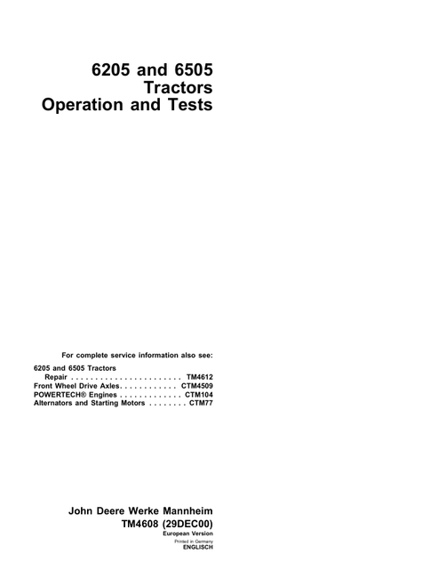 John Deere 6205 6505 Tractor Operation & Test Manual TM4608