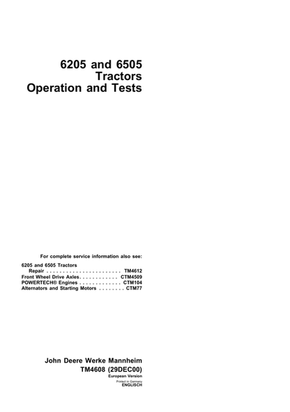 John Deere 6205 6505 Tractor Operation & Test Manual TM4608