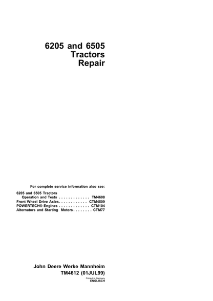 John Deere 6205 & 6505 Tractor Repair Manual TM4612