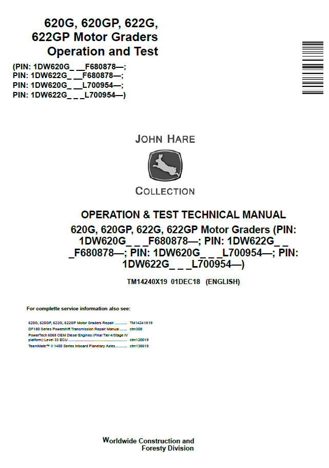 John Deere 620G, 620GP, 622G, 622GP Motor Graders Operation and Test Technical Manual TM14240X19 PDF