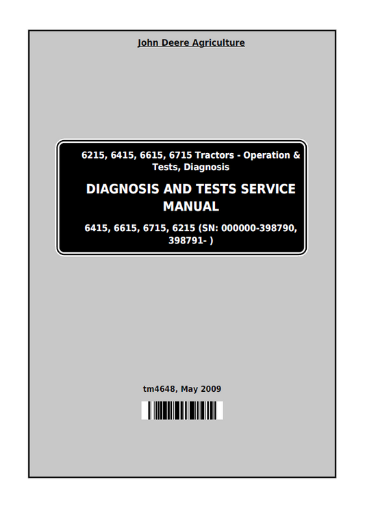 John  Deere 6215, 6415, 6615, 6715, 6415, 6615, 6715, 6215 Tractors Diagnosis and Test Service Manual TM4648 PDF
