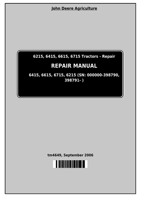 John Deere 6215 6415 6615 6715 Tractor Repair Manual TM4649