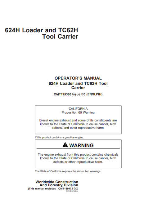 John Deere 624H Loader & TC62H Tool Carrier Operator Manual OMT195360
