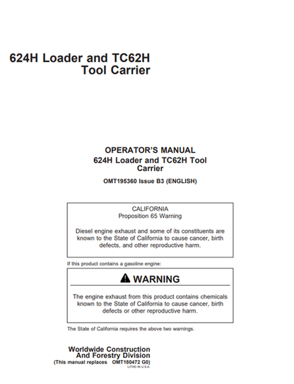 John Deere 624H Loader & TC62H Tool Carrier Operator Manual OMT195360