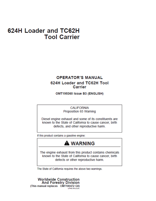 John Deere 624H Loader and TC62H Tool Carrier Operator Manual OMT195360 PDF