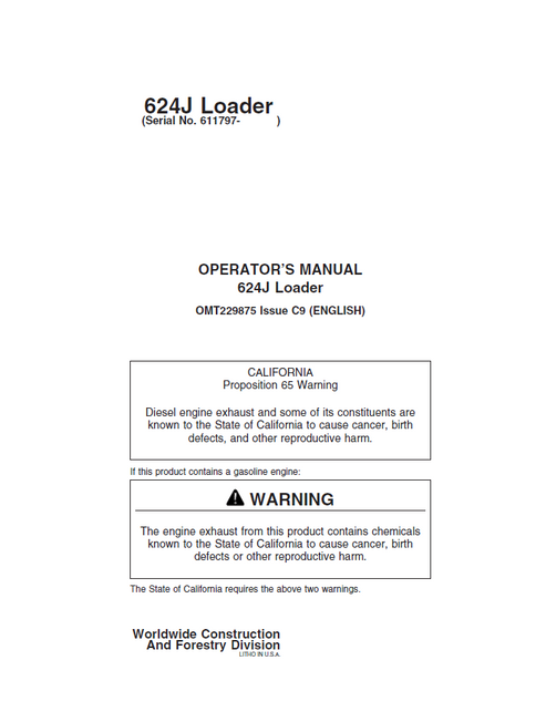 John Deere 624J Loader Operator Manual OMT229875 PDF