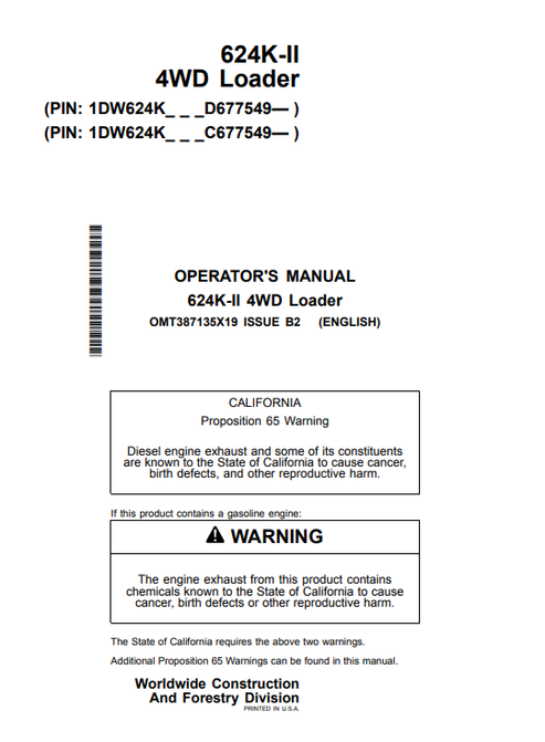 John Deere 624K-II 4WD Loader Operator Manual OMT387135X19