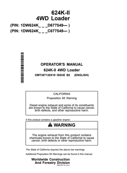John Deere 624K-II 4WD Loader Operator Manual OMT387135X19
