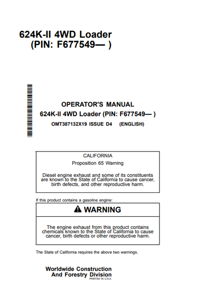 John Deere 624K-II 4WD Loader Operator Manual PDF