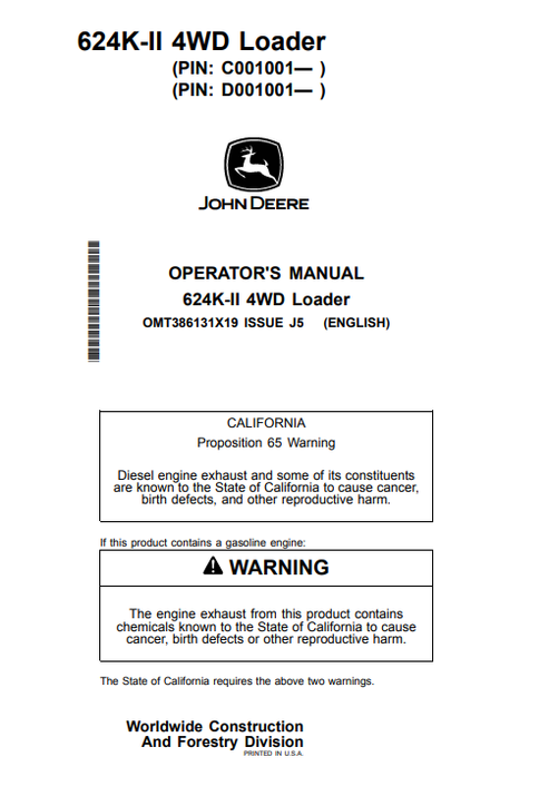 John Deere 624K-II 4WD Loader Operator Manual PDF OMT386131X19
