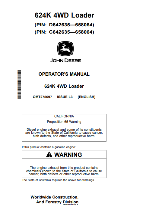 John Deere 624K 4WD Loader Operator Manual OMT275697 PDF