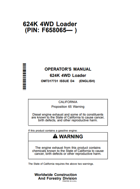 John Deere 624K 4WD Loader Operator Manual OMT317731 PDF