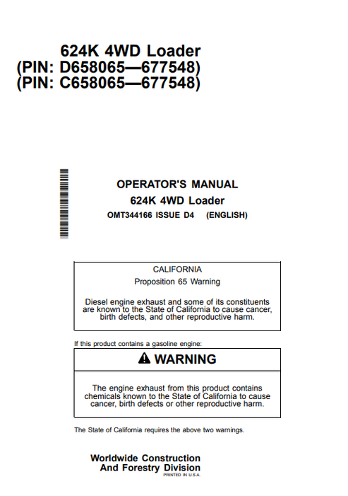John Deere 624K 4WD Loader Operator Manual OMT344166 PDF