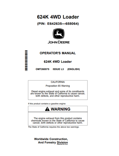John Deere 624K 4WD Loader Operator Manual PDF OMT260575