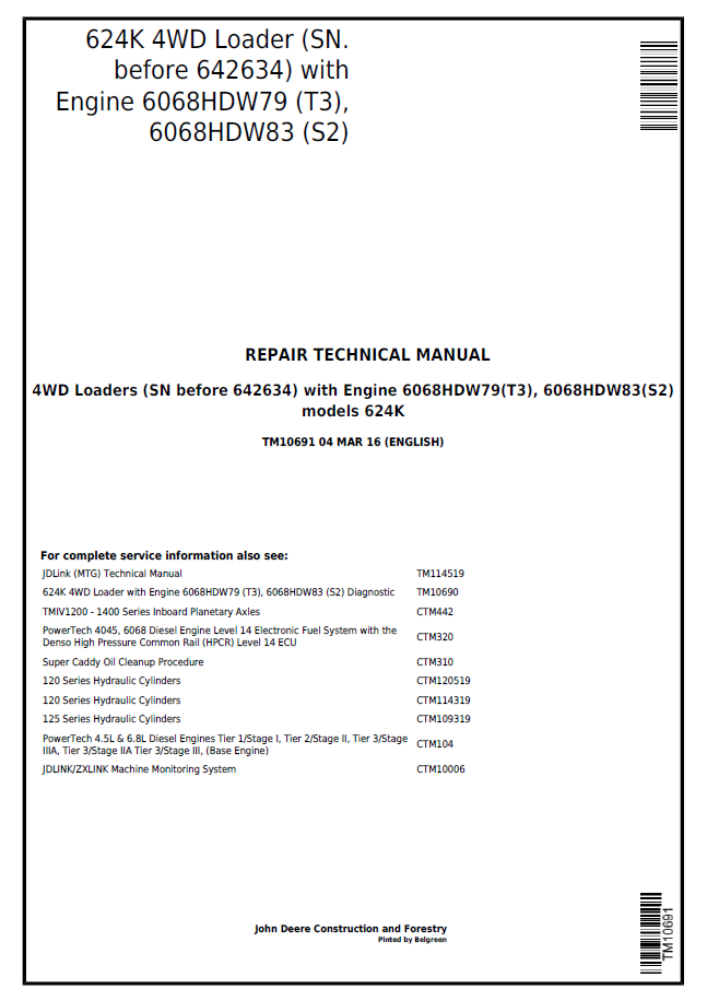 John Deere 624K 4WD Loader Repair Technical Manual TM10691 PDF