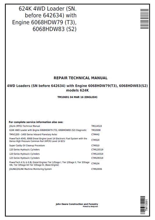 John Deere 624K 4WD Loader Repair Technical Manual TM10691 PDF