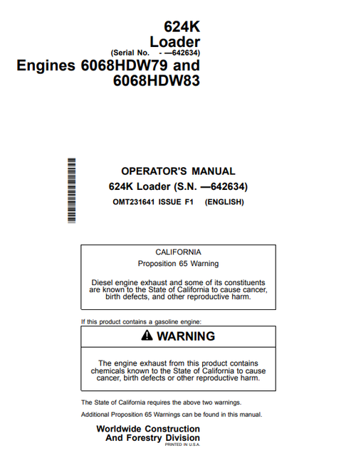 John Deere 624K Loader Operator Manual OMT231641 PDF