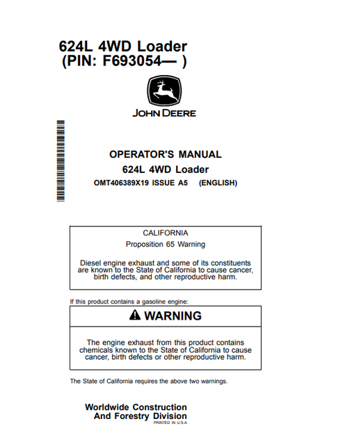 John Deere 624L 4WD Loader Operator Manual PDF