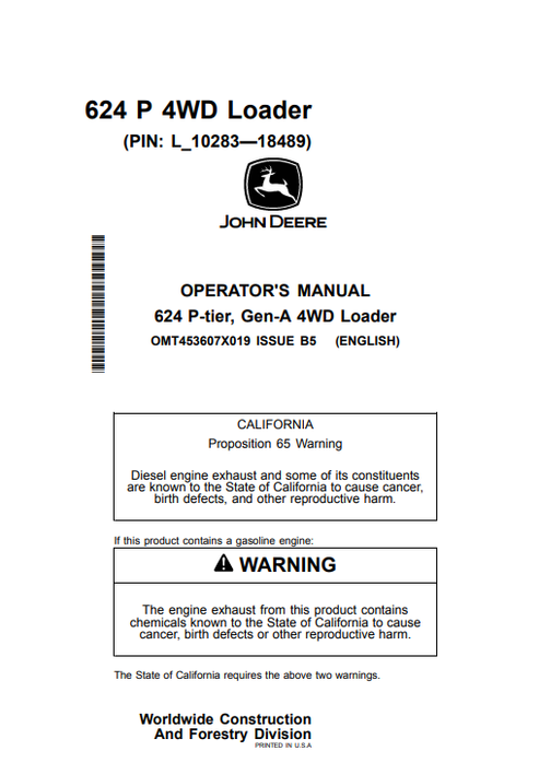 John Deere 624 P-Tier Gen-A 4WD Loader Operator Manual PDF