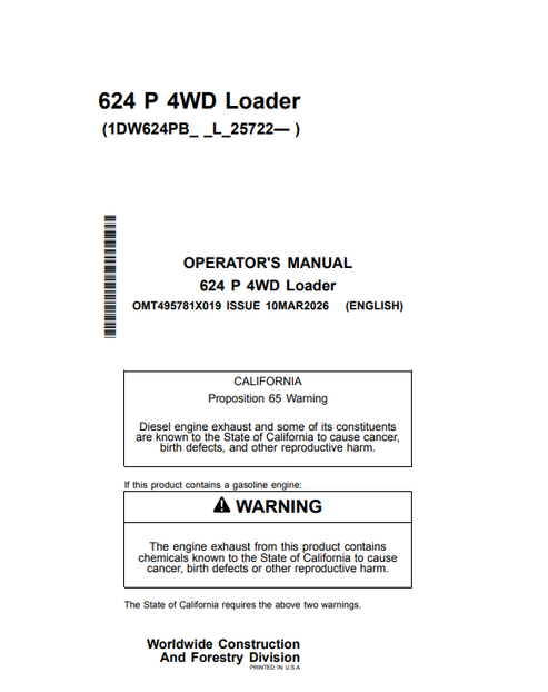 John Deere 624 P 4WD Loader Operator Manual PDF OMT495781X019