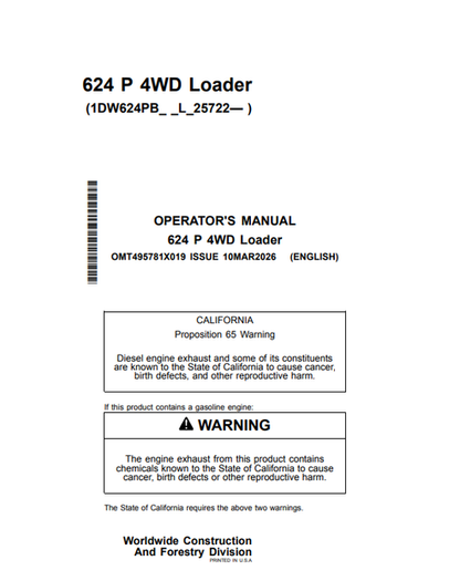 John Deere 624 P 4WD Loader Operator Manual PDF OMT495781X019