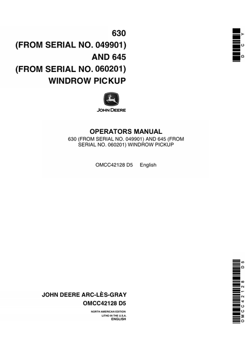 John Deere 630 & 645 Windrow Pickup Operator Manual OMCC42128
