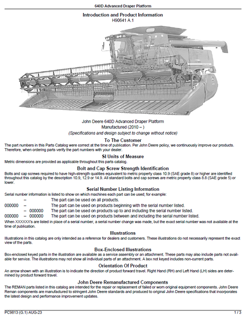John Deere 640D Combine Platform Parts Manual PDF