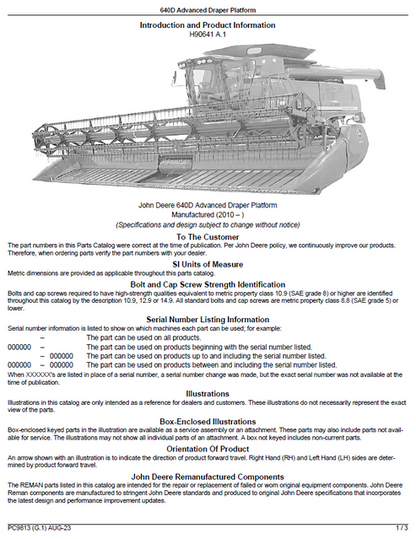 John Deere 640D Combine Platform Parts Manual PDF