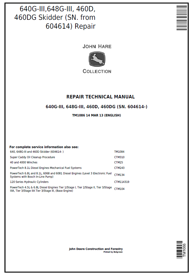 John Deere 640G-III, 648G-III, 460D, 460DG Skidder Repair Technical Manual TM1086 PDF