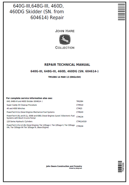 John Deere 640G-III, 648G-III, 460D, 460DG Skidder Repair Technical Manual TM1086 PDF