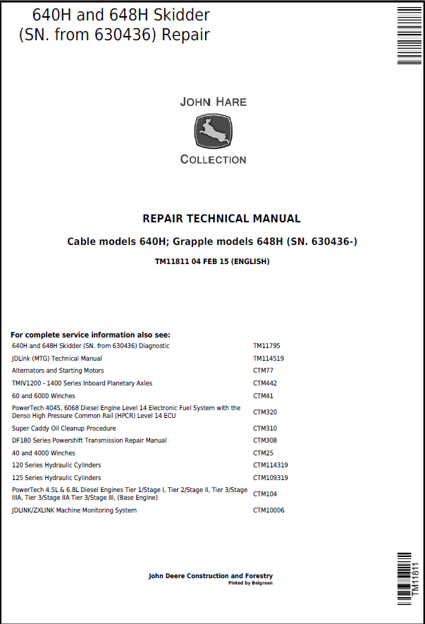 John Deere 640H and 648H Skidder Repair Technical Manual TM11811 PDF