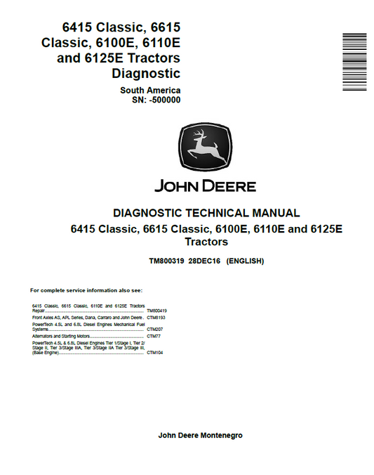 John Deere 6415 Classic, 6615 Classic, 6100E, 6110E and 6125E Tractors Diagnostic Technical Manual TM610419 PDF