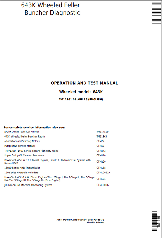 John Deere 643K Wheeled Feller Operation and Test Manual TM11361 PDF