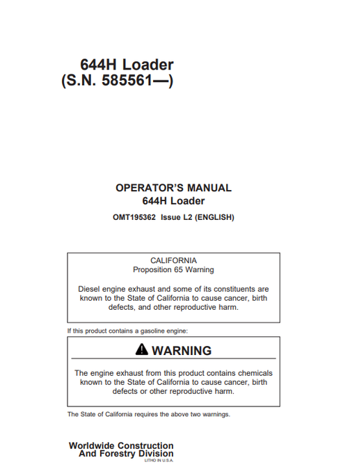 John Deere 644H Loader Operator & Maintenance Manual OMT195362